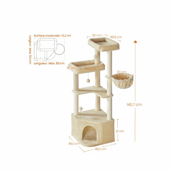 Arbre à chat beige 140 cm avec niche, hamac et plateaux