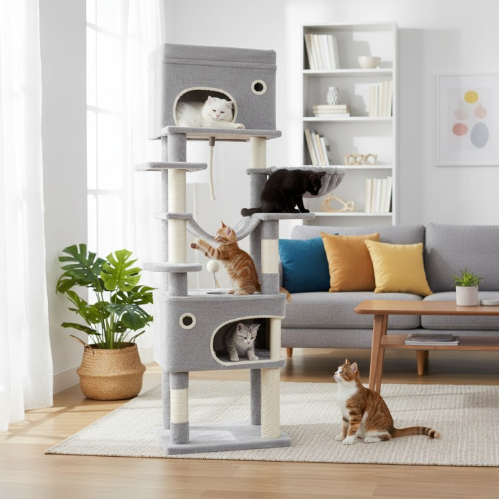 Arbre à chat XXL gris 178 cm avec niches, griffoirs et pompons