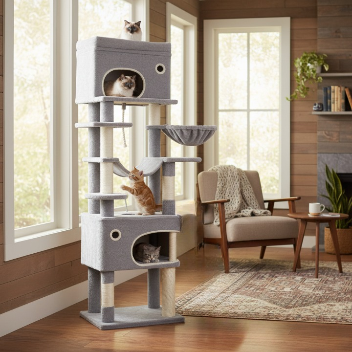 Arbre à chat XXL gris 178 cm avec niches, griffoirs et pompons