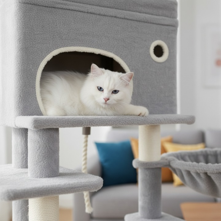 Arbre à chat XXL gris 178 cm avec niches, griffoirs et pompons