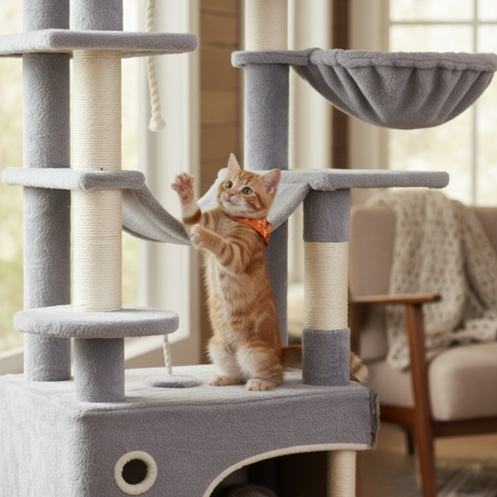 Arbre à chat XXL gris 178 cm avec niches, griffoirs et pompons