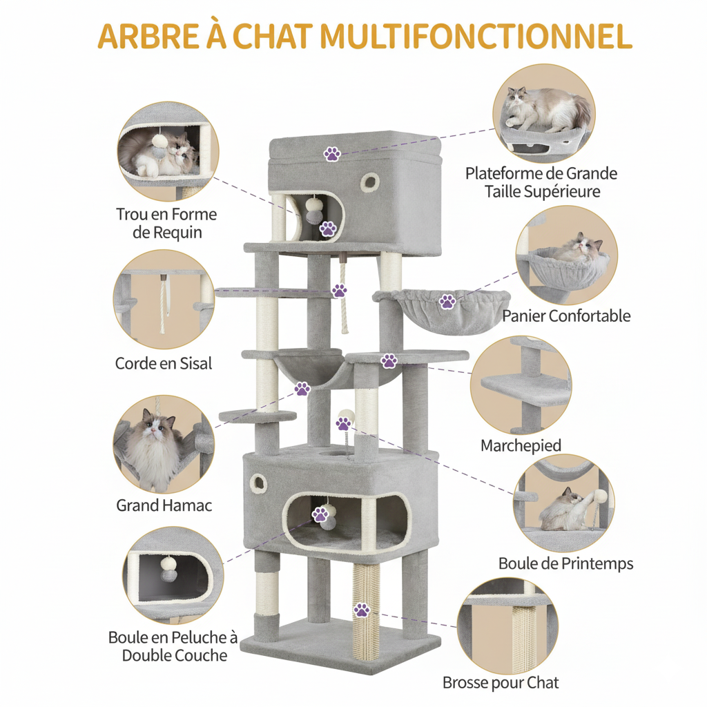 Arbre à chat XXL gris 178 cm avec niches, griffoirs et pompons