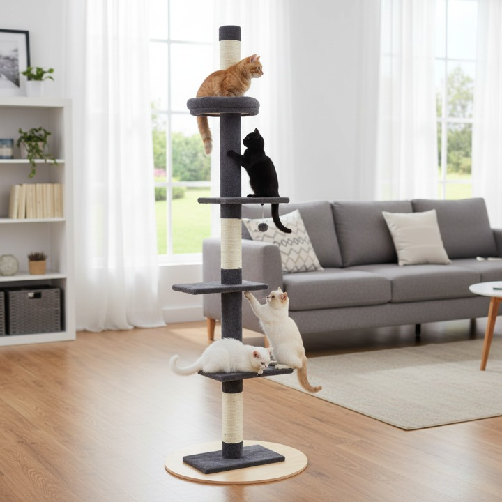 Arbre à chat sol plafond réglable 243–273 cm gris et blanc