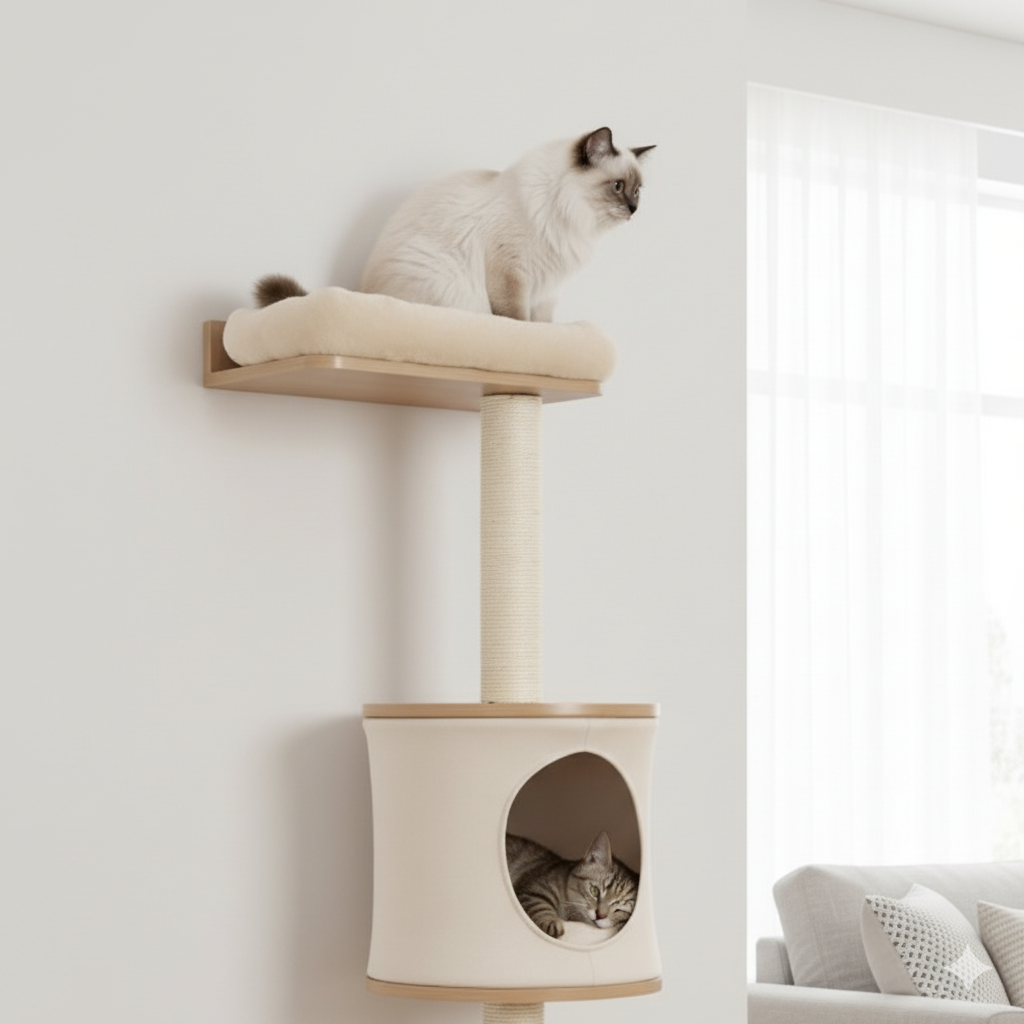 Arbre à chat mural avec niche, coussins amovibles et griffoir intégré