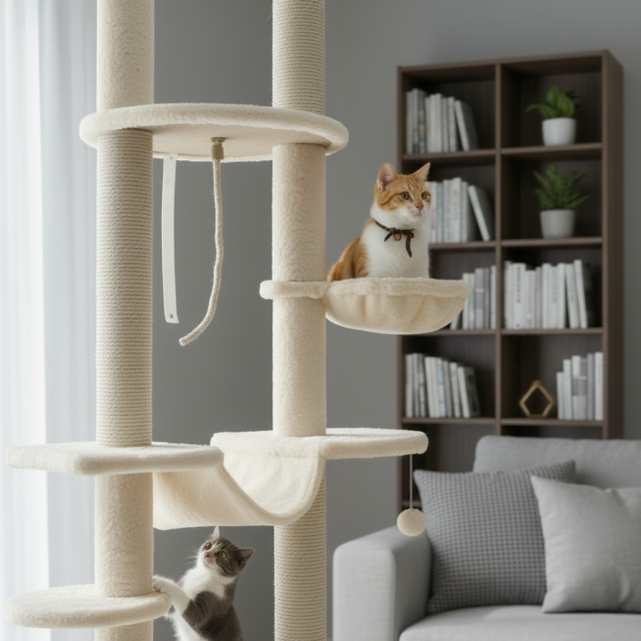 Arbre à chat beige et blanc sol-plafond réglable 225–255 cm