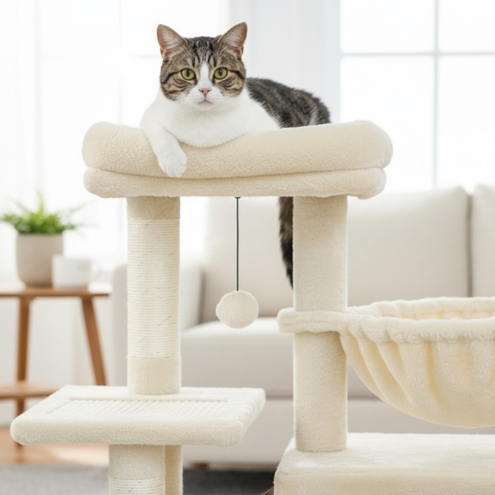 Arbre à chat beige 73 cm avec hamac confortable et niche