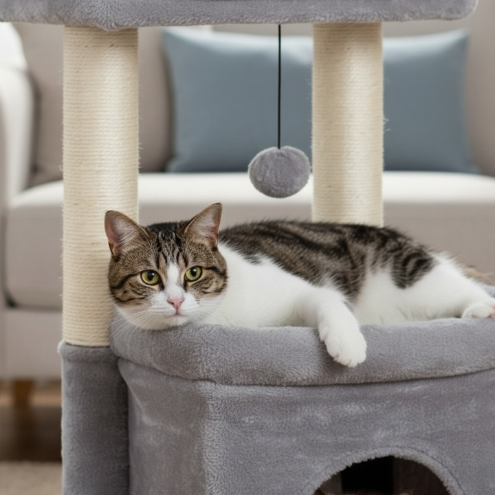 Arbre à chat gris multifonction avec niche et griffoirs