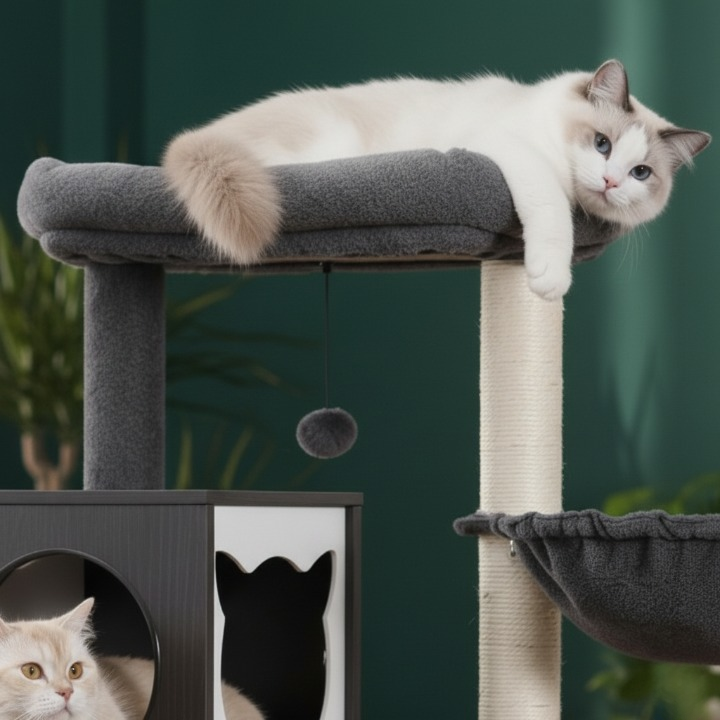 Arbre à chat noir multi-niveaux bois avec hamac, niche et jouets