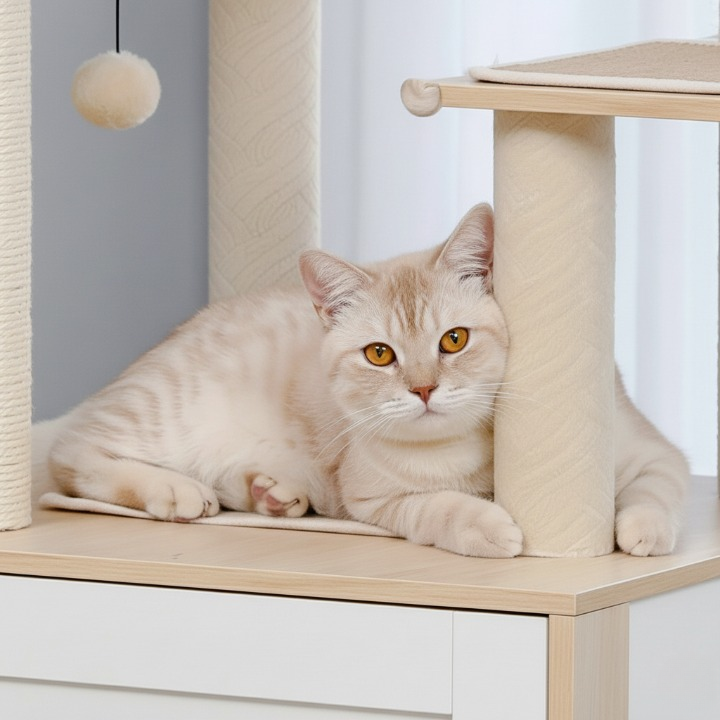 Arbre à chat beige multi-niveaux bois avec hamac, niche et jouets