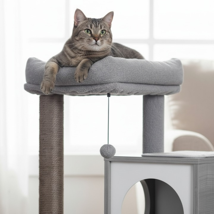 Arbre à chat gris 130 cm avec niches, hamac et griffoirs sisal