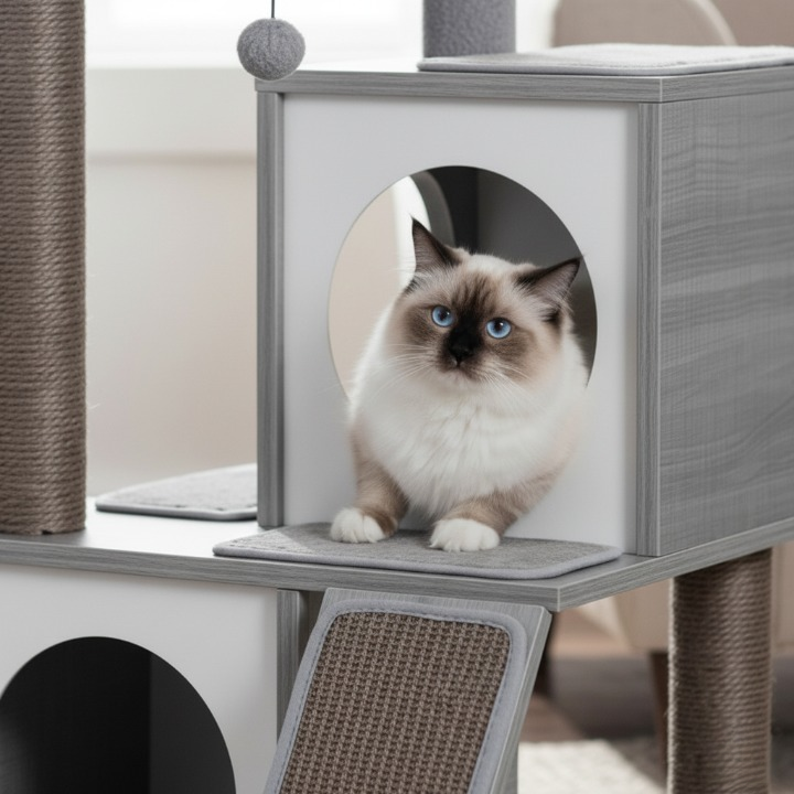 Arbre à chat gris 130 cm avec niches, hamac et griffoirs sisal