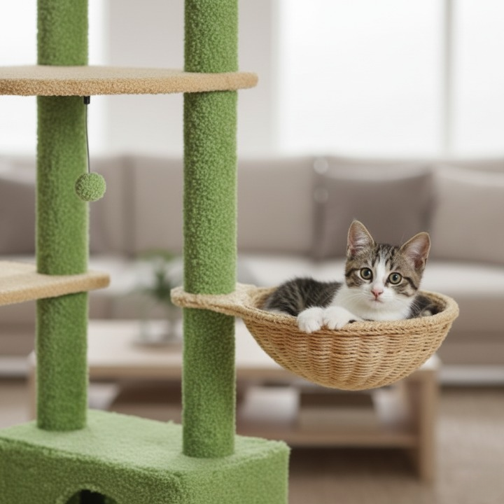 Arbre à chat cactus vert sol-plafond avec hamac, niche et griffoirs