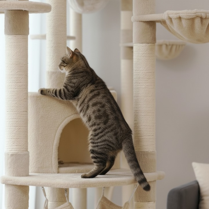 Arbre à chat beige du sol au plafond avec griffoirs, hamac et condo douillet