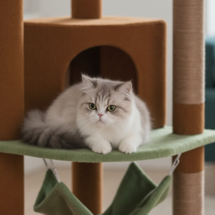 Arbre à chat marron du sol au plafond avec griffoirs, hamac et condo douillet