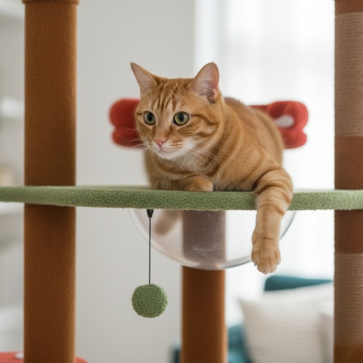 Arbre à chat marron du sol au plafond avec griffoirs, hamac et condo douillet