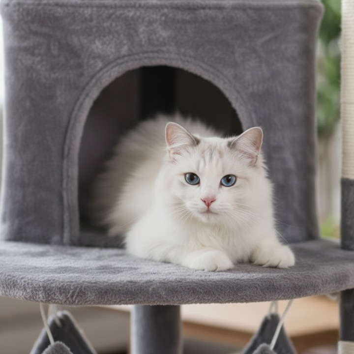Arbre à chat gris du sol au plafond avec griffoirs, hamac et condo douillet