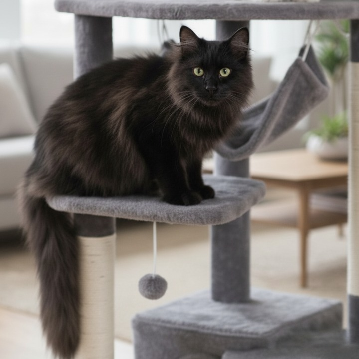 Arbre à chat gris du sol au plafond avec griffoirs, hamac et condo douillet