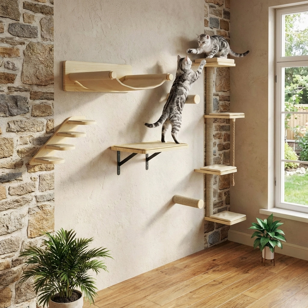 Arbre à chat mural bois 7 pièces avec griffoirs, lit et escaliers