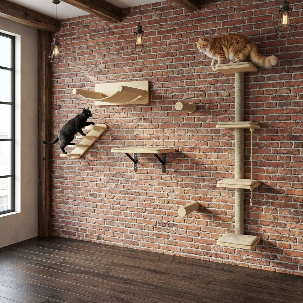 Arbre à chat mural bois 7 pièces avec griffoirs, lit et escaliers