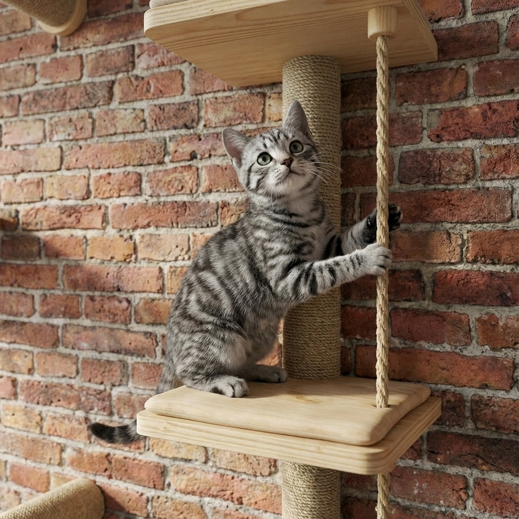 Arbre à chat mural bois 7 pièces avec griffoirs, lit et escaliers