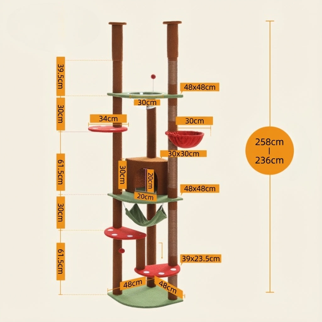 Arbre à chat marron du sol au plafond avec griffoirs, hamac et condo douillet