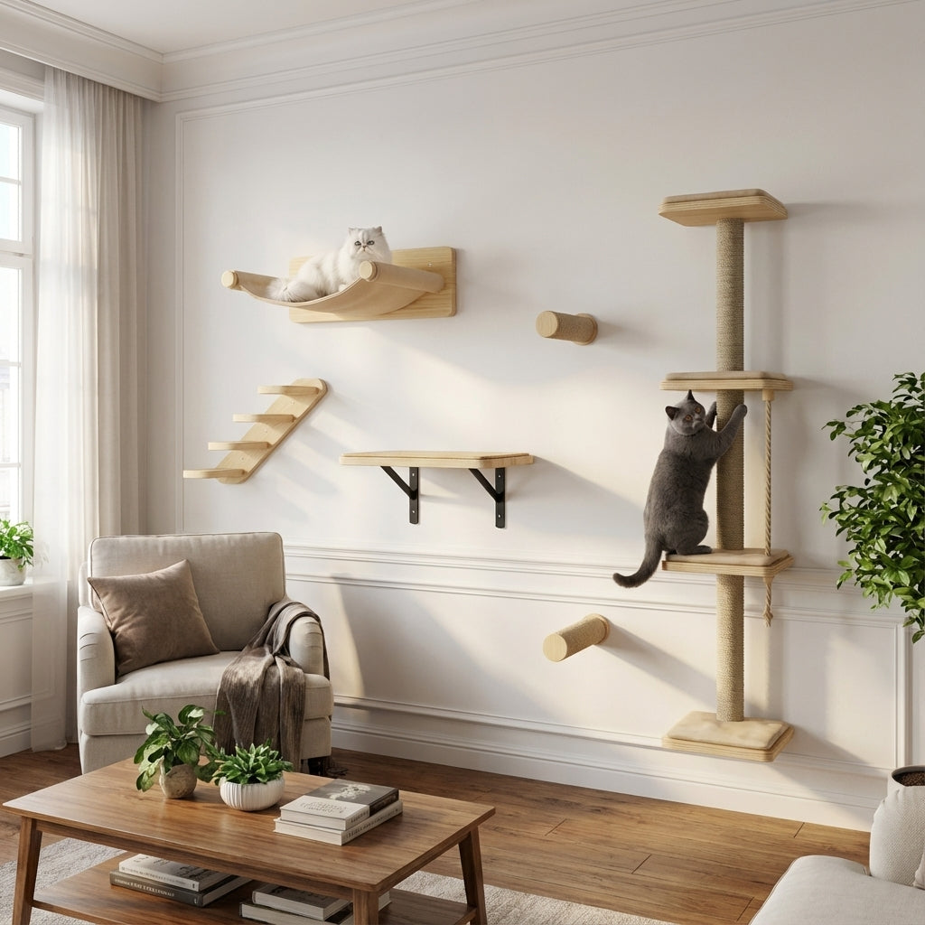 Arbre à chat mural bois 7 pièces avec griffoirs, lit et escaliers