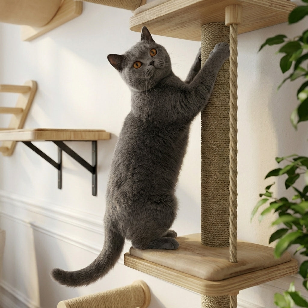 Arbre à chat mural bois 7 pièces avec griffoirs, lit et escaliers