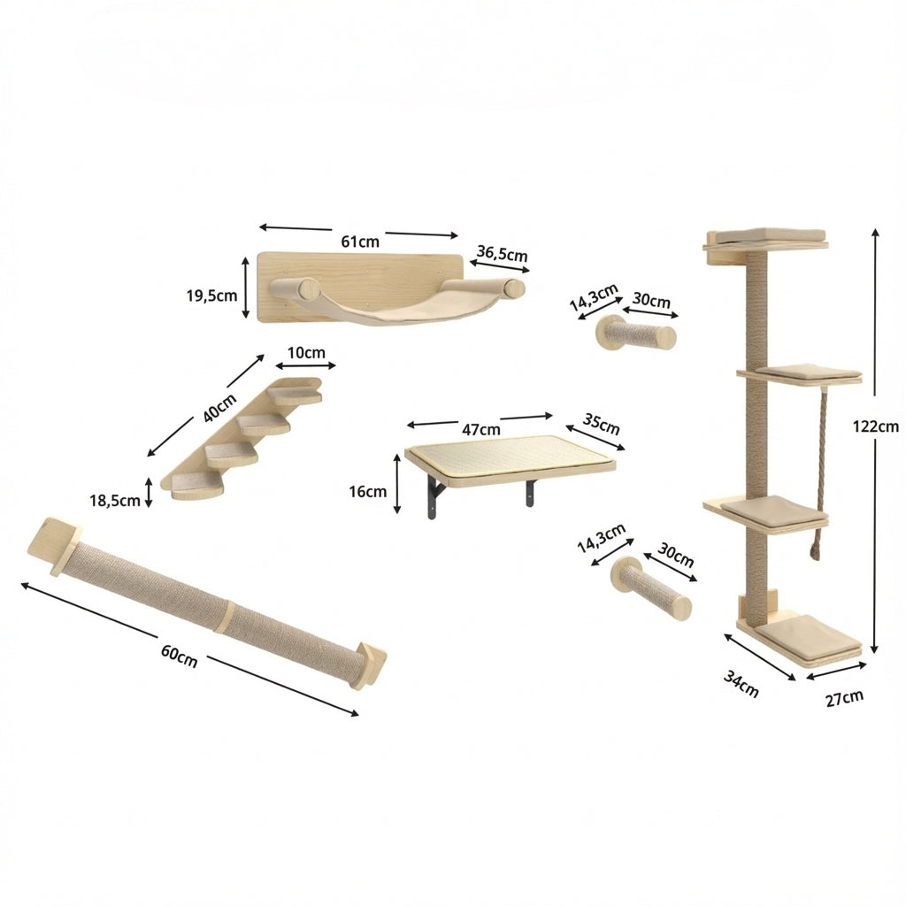 Arbre à chat mural bois 7 pièces avec griffoirs, lit et escaliers