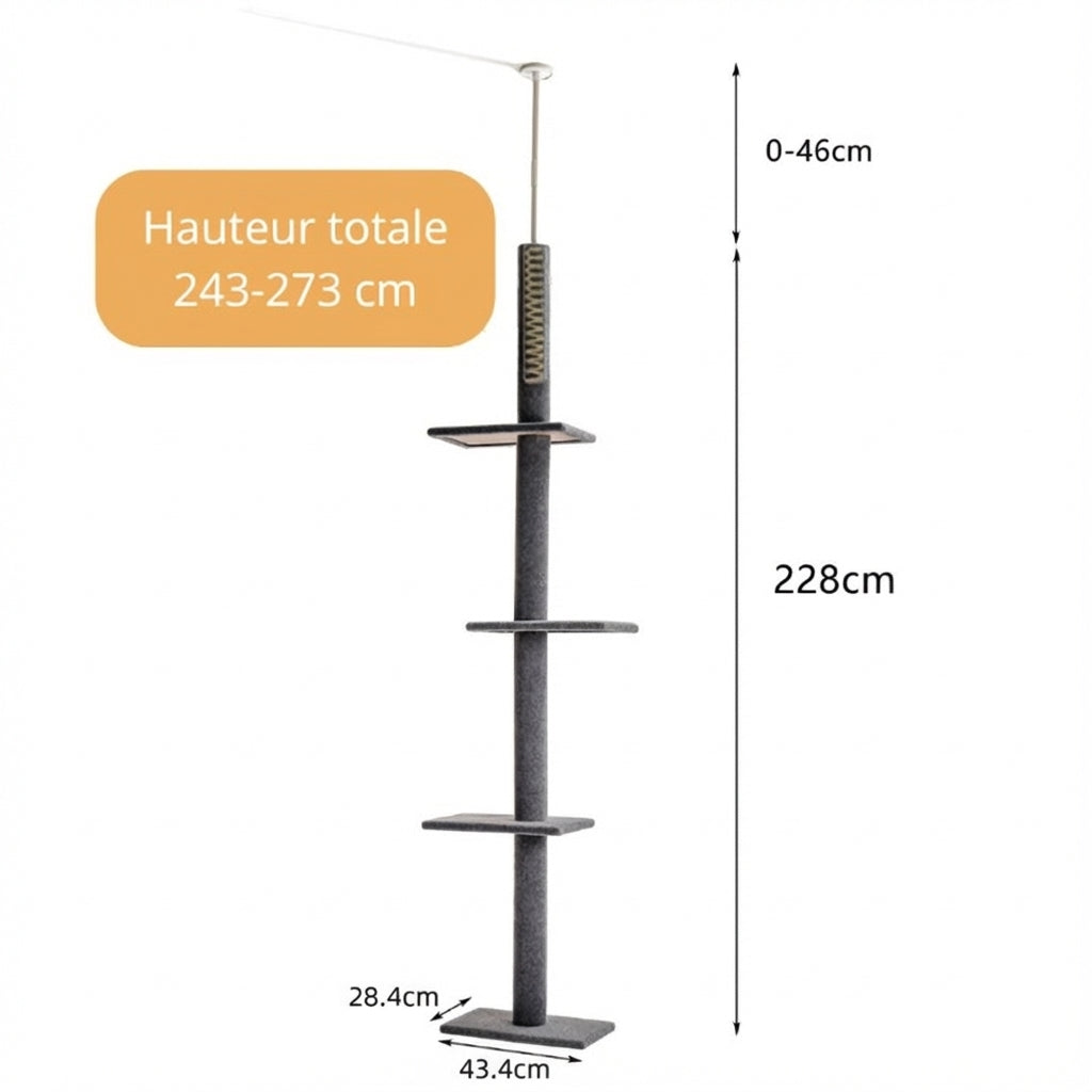 Arbre à chat noir, de sol au plafond réglable 243–273 cm