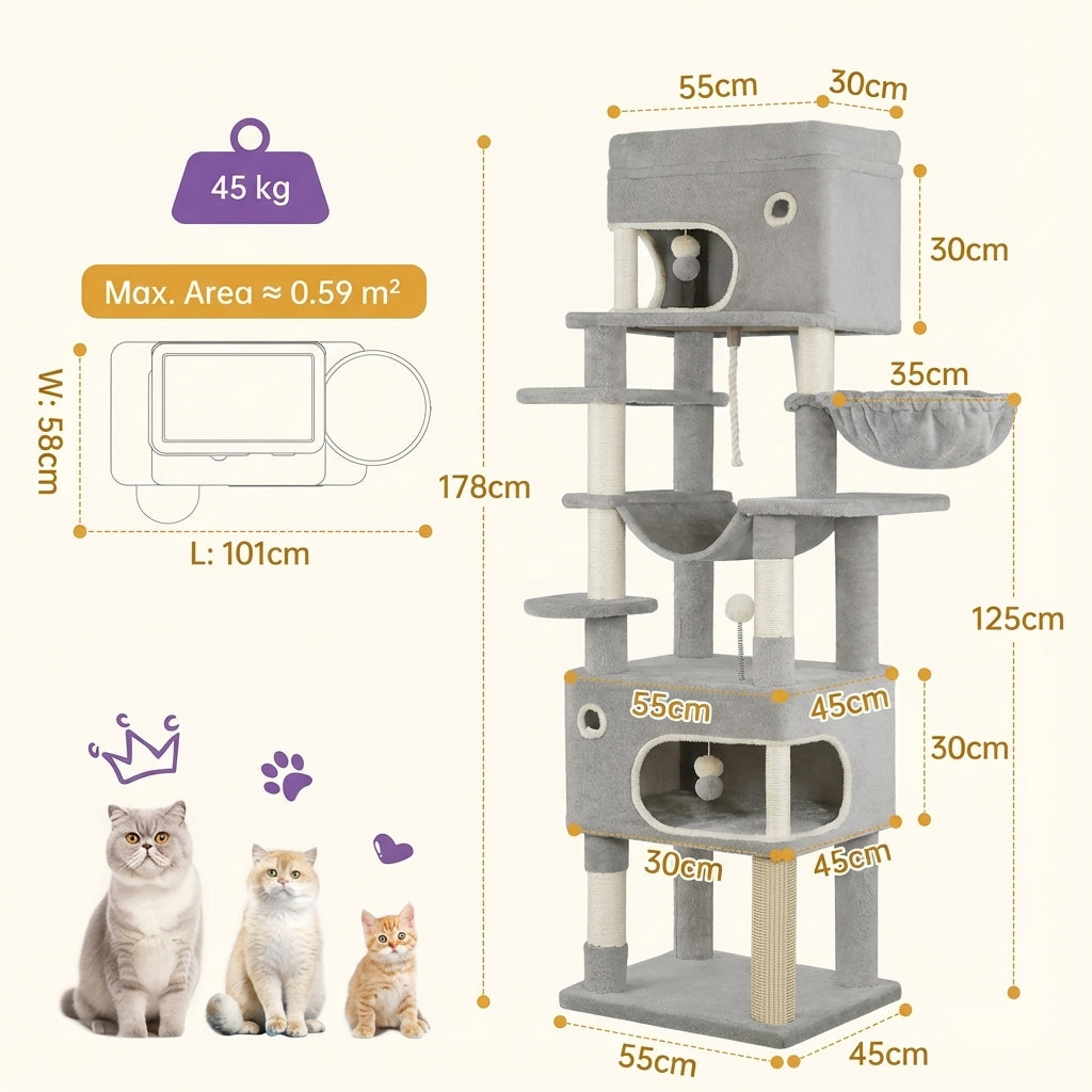 Arbre à chat XXL gris 178 cm avec niches, griffoirs et pompons
