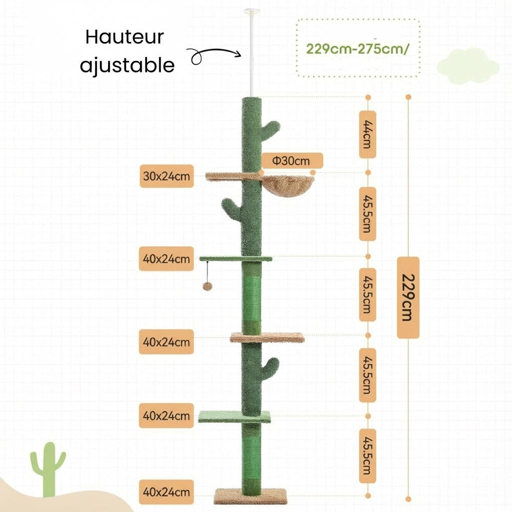 Arbre à chat vert hauteur réglable 229–275 cm avec hamac et griffoirs