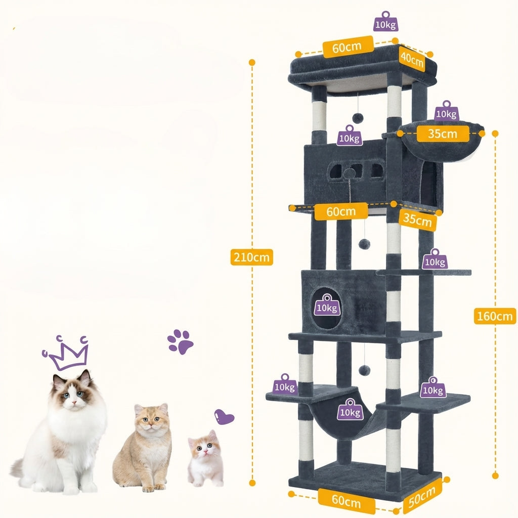 Arbre à chat XXL noir 210 cm avec maisonnette et griffoirs