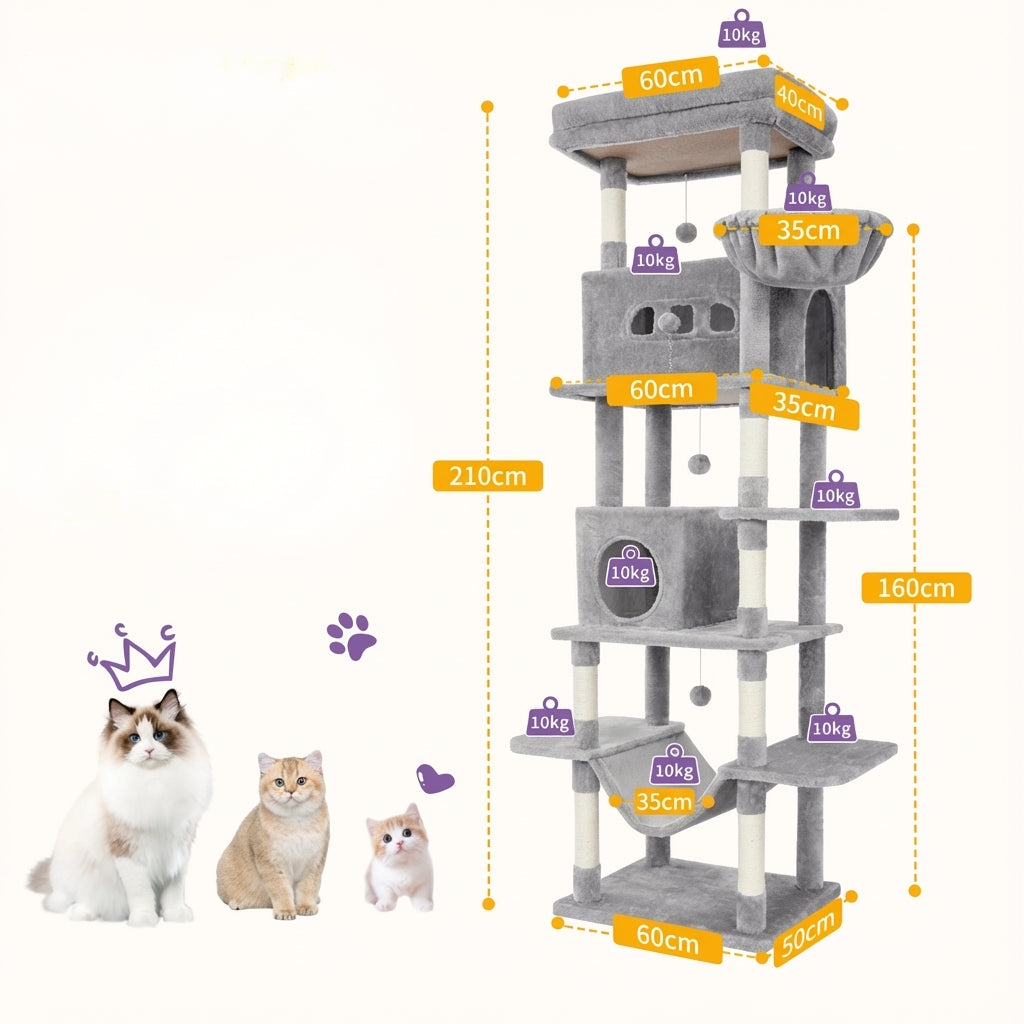 Arbre à chat XXL gris 210 cm avec maisonnette et griffoirs