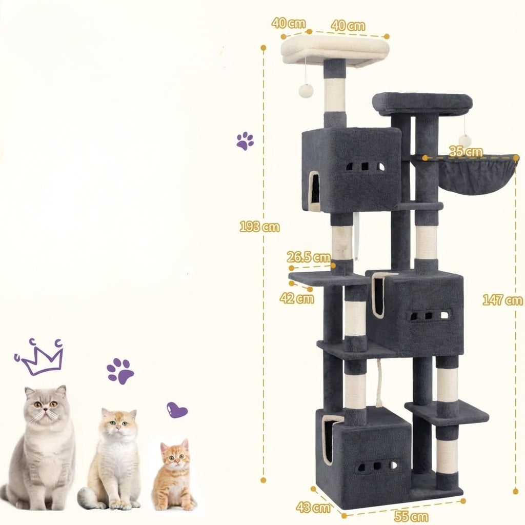 Arbre à chat XXL noir 193 cm avec griffoirs, plateformes et hamac