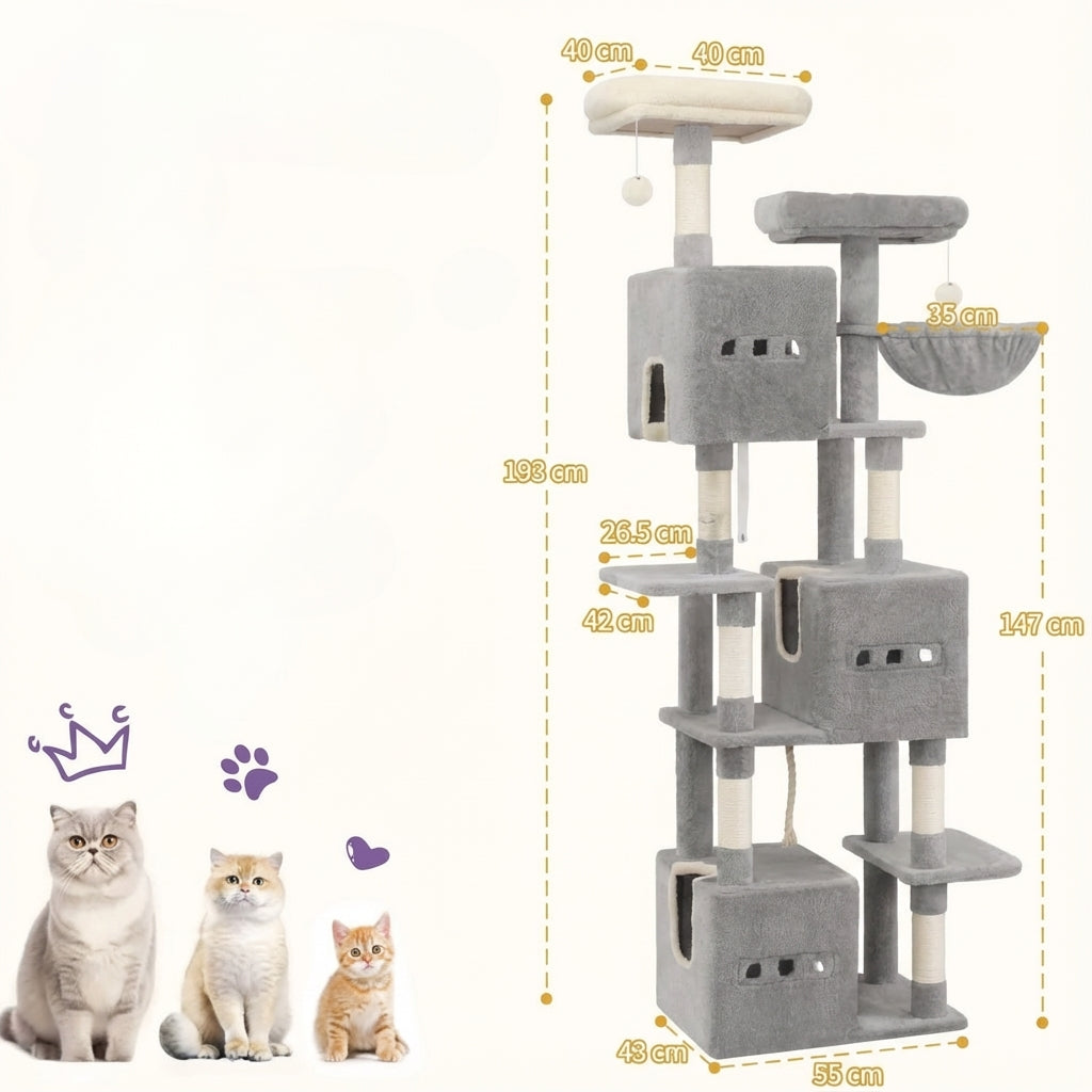 Arbre à chat XXL gris 193 cm avec griffoirs, plateformes et hamac