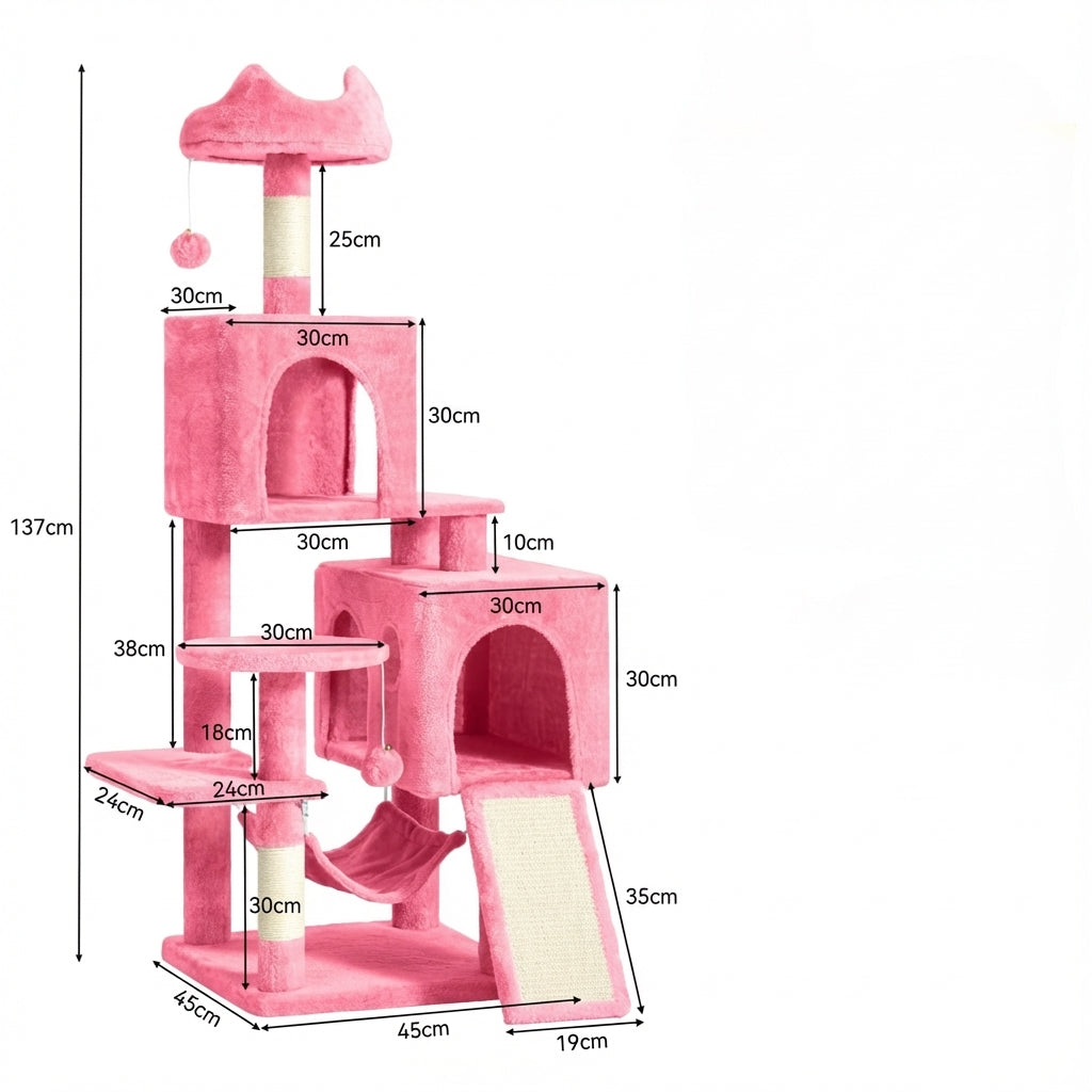 Grand arbre à chat rose 137 cm avec hamac et cachettes