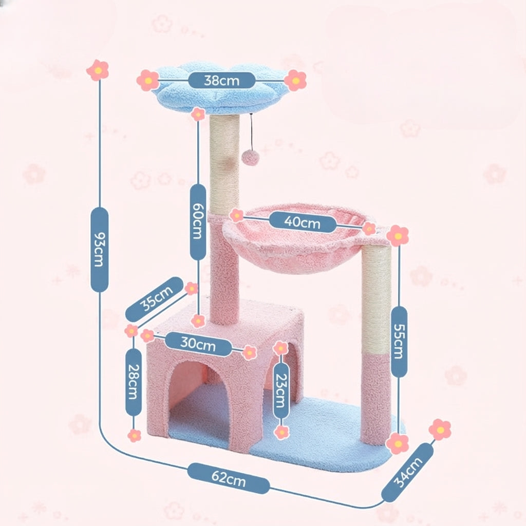 Arbre à chat fleur rose avec hamac et griffoirs en sisal