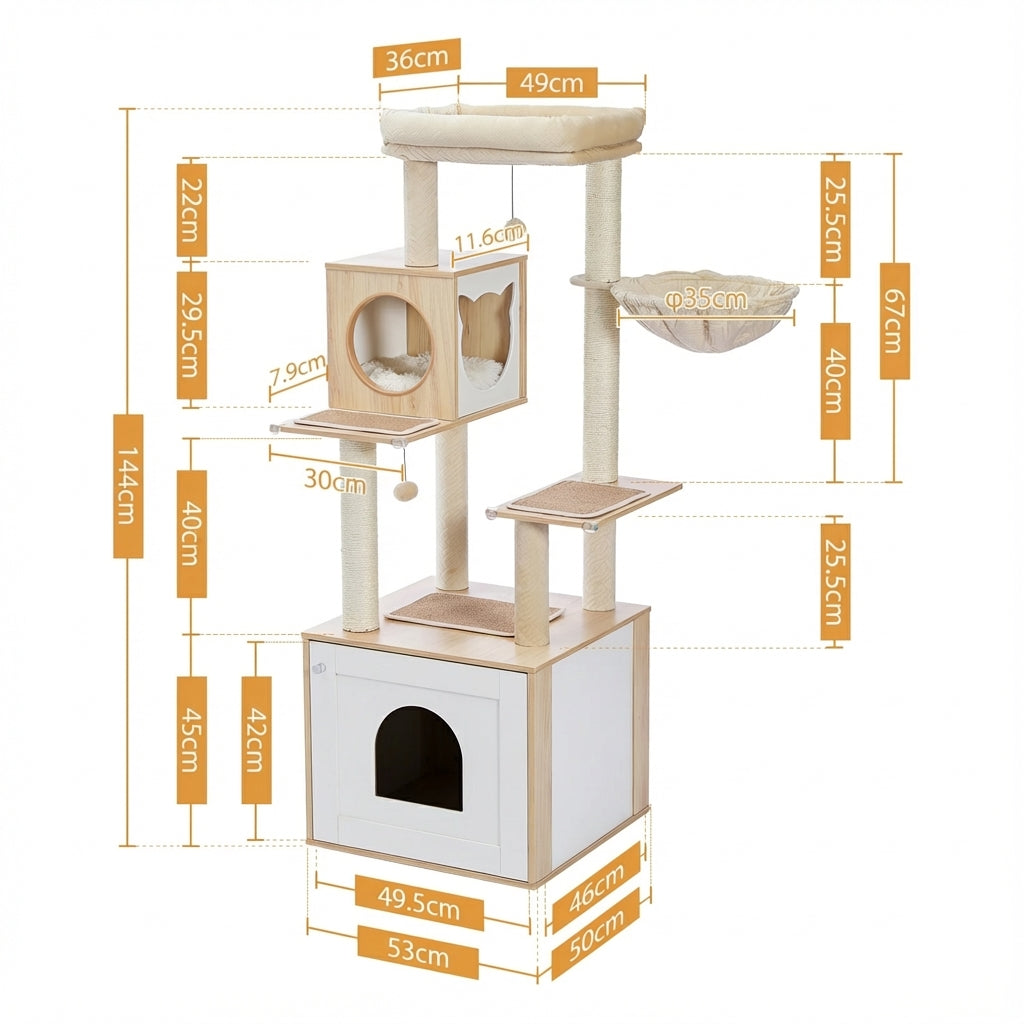 Arbre à chat beige multi-niveaux bois avec hamac, niche et jouets