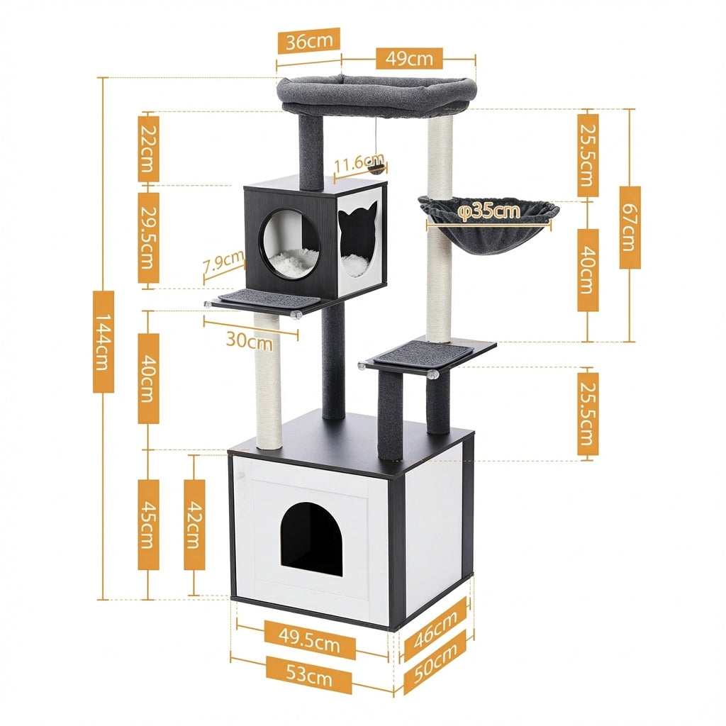 Arbre à chat noir multi-niveaux bois avec hamac, niche et jouets