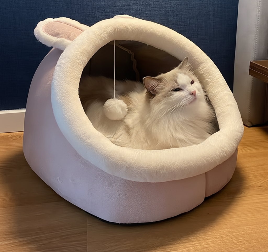 Niche Chat Igloo Peluche avec Oreilles - Panier Douillet Semi-Fermé pour Chat