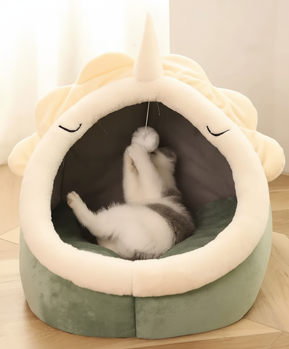 Niche Chat Igloo Peluche avec Oreilles - Panier Douillet Semi-Fermé pour Chat