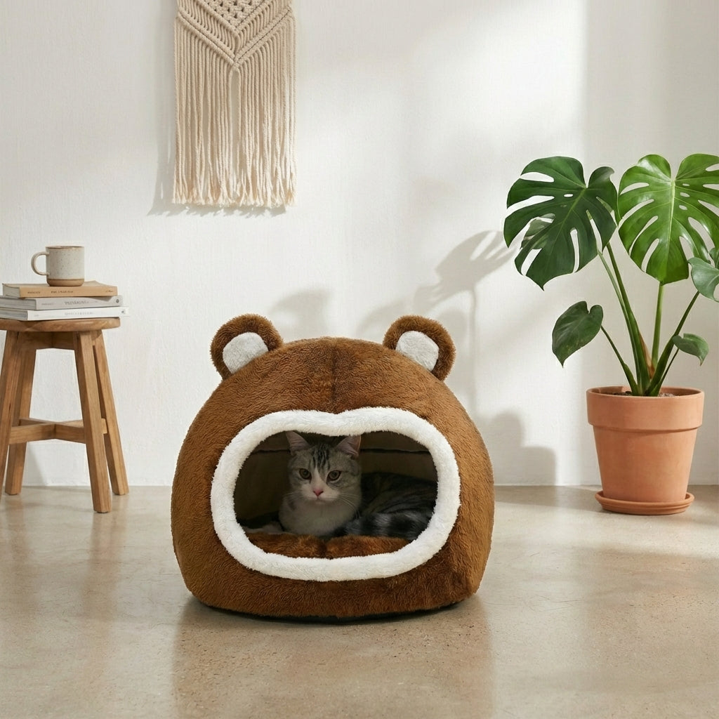 Niche Chat Forme Ours Peluche Semi-Fermé Douillet avec Oreilles Mignonnes