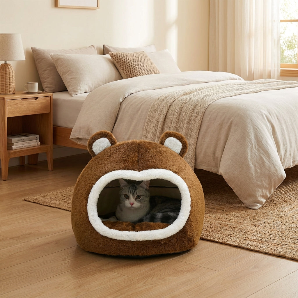 Niche Chat Forme Ours Peluche Semi-Fermé Douillet avec Oreilles Mignonnes