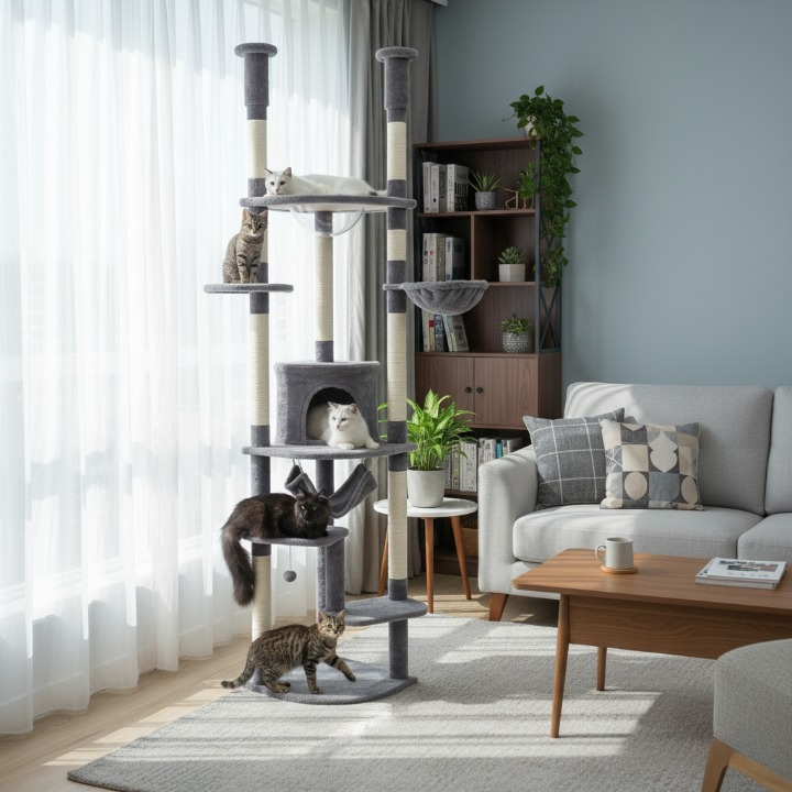 Arbre à chat gris du sol au plafond avec griffoirs, hamac et condo douillet
