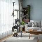 Arbre à chat gris du sol au plafond avec griffoirs, hamac et condo douillet