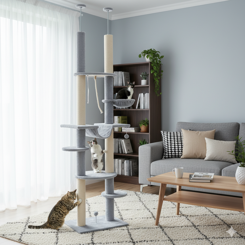 Arbre à Chat gris Sol-Plafond avec Hamac, Jouets et Griffoirs – Hauteur Ajustable 225-255 cm