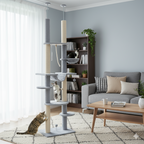 Arbre à Chat gris Sol-Plafond avec Hamac, Jouets et Griffoirs – Hauteur Ajustable 225-255 cm