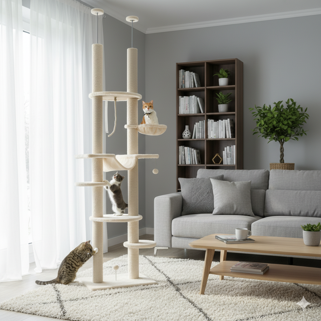Arbre à Chat beige Sol-Plafond avec Hamac, Jouets et Griffoirs – Hauteur Ajustable 225-255 cm