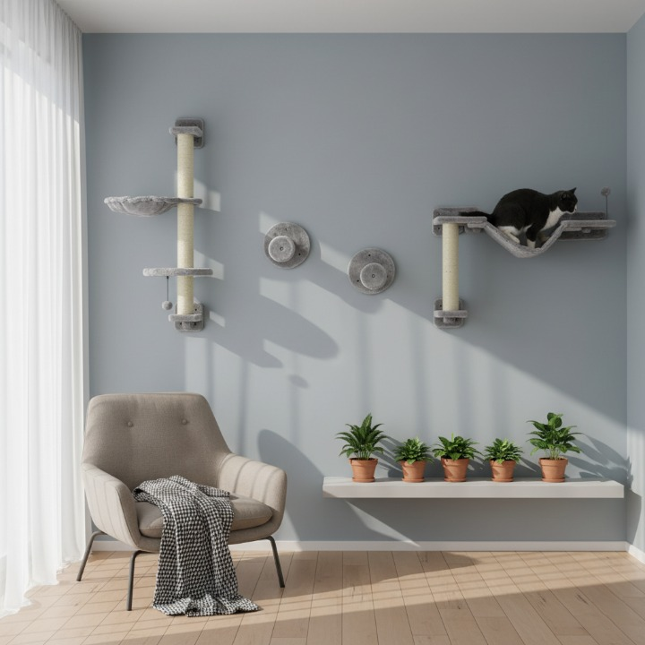 Arbre à chat mural avec hamac suspendu gris/beige