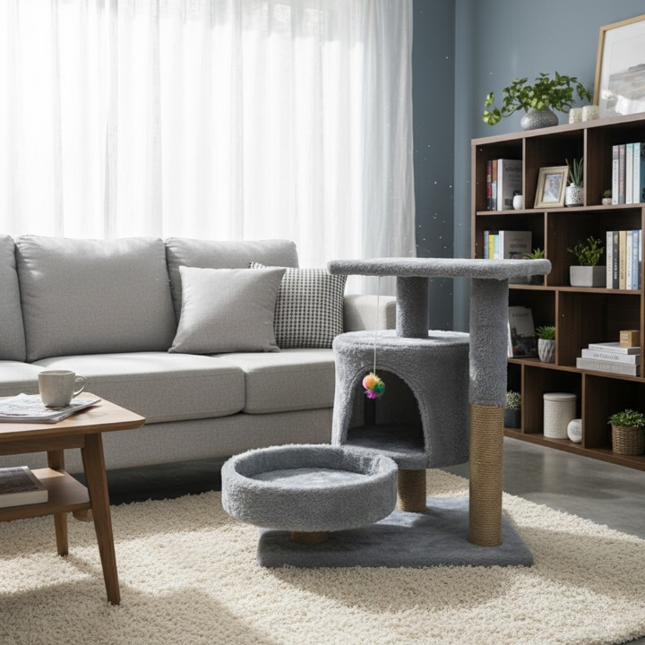 Arbre à Chat gris avec Niches, Perchoirs et Griffoirs